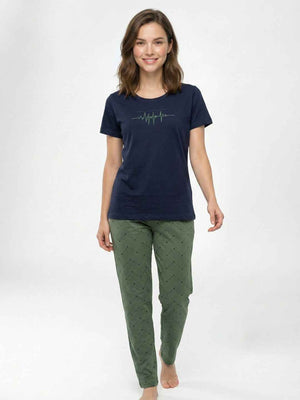 Cotton Night Suit- Navy Blue Top with Olive Printed Pyjama