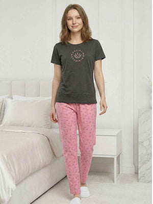 Cotton Night Suit- Grey Top with Pink Printed Pyjama