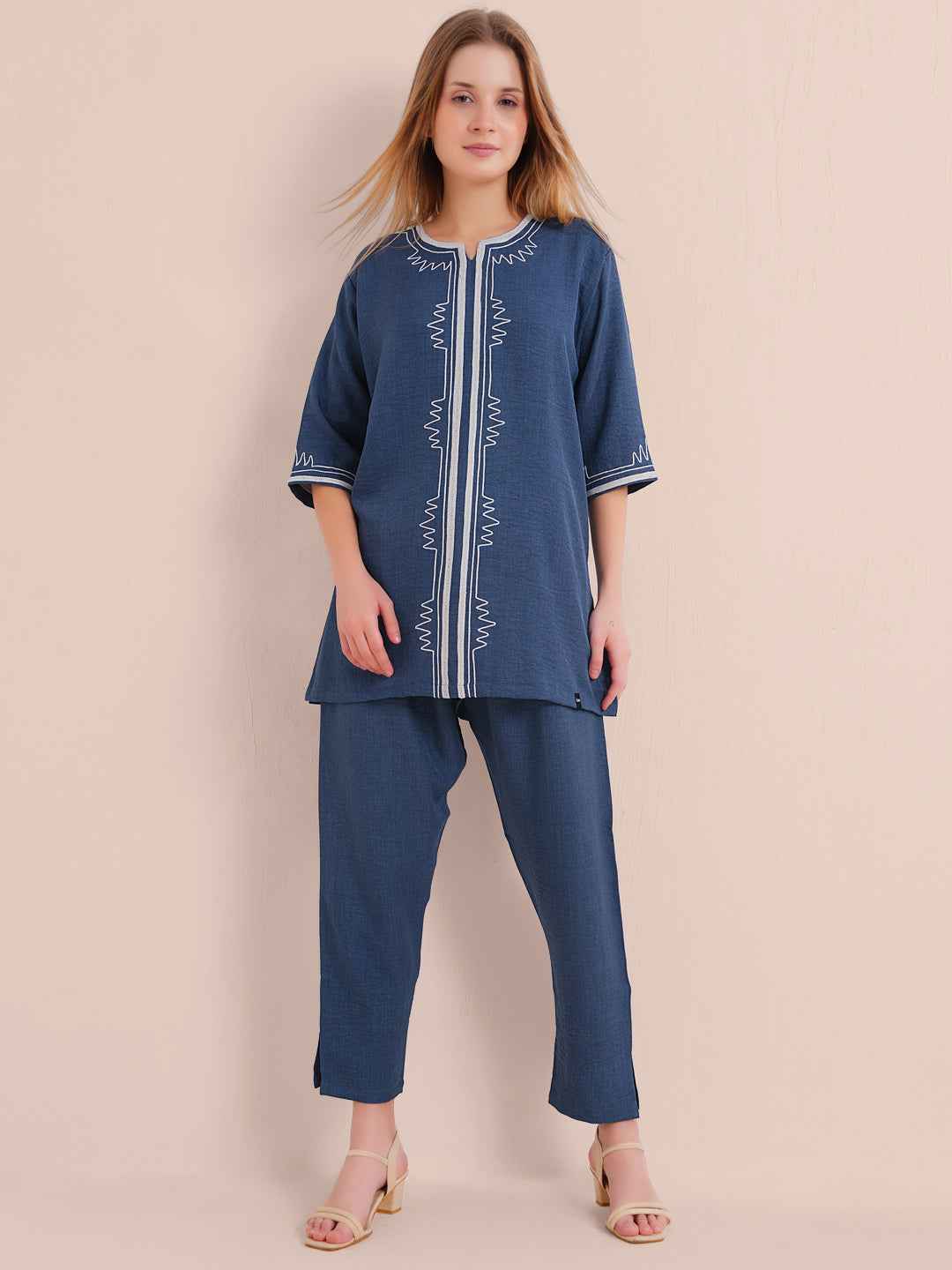 Linen Kurta Set – Navy Blue Embroidered Kurta with Straight Pants