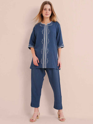 Linen Kurta Set – Navy Blue Embroidered Kurta with Straight Pants