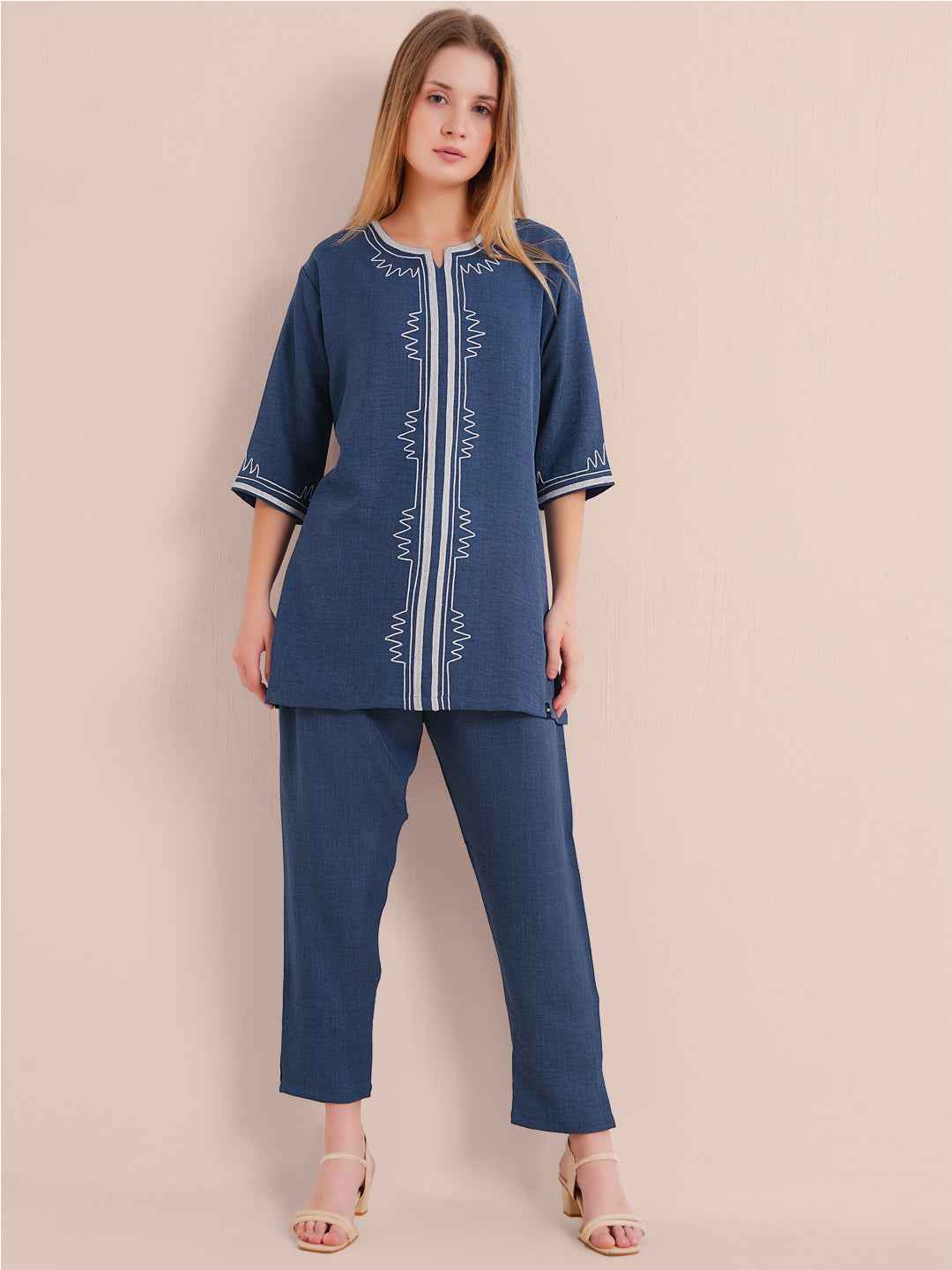 Linen Kurta Set – Navy Blue Embroidered Kurta with Straight Pants