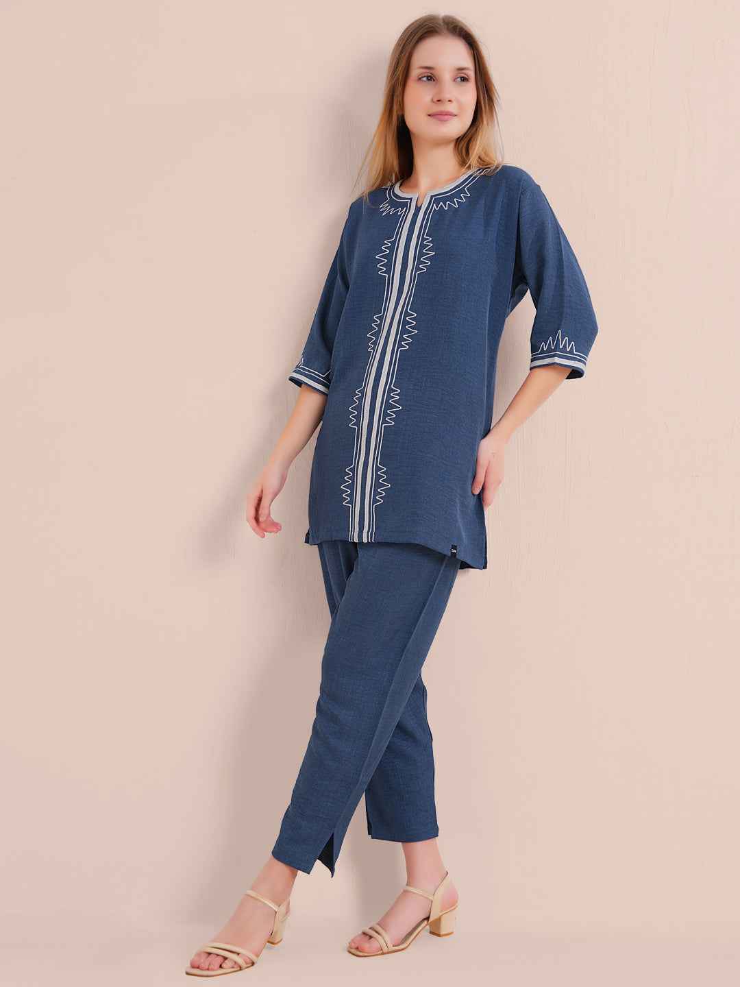 Linen Kurta Set – Navy Blue Embroidered Kurta with Straight Pants