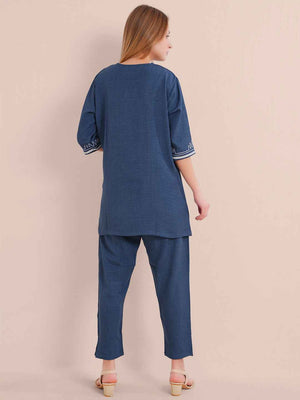 Linen Kurta Set – Navy Blue Embroidered Kurta with Straight Pants