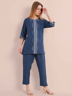 Linen Kurta Set – Navy Blue Embroidered Kurta with Straight Pants