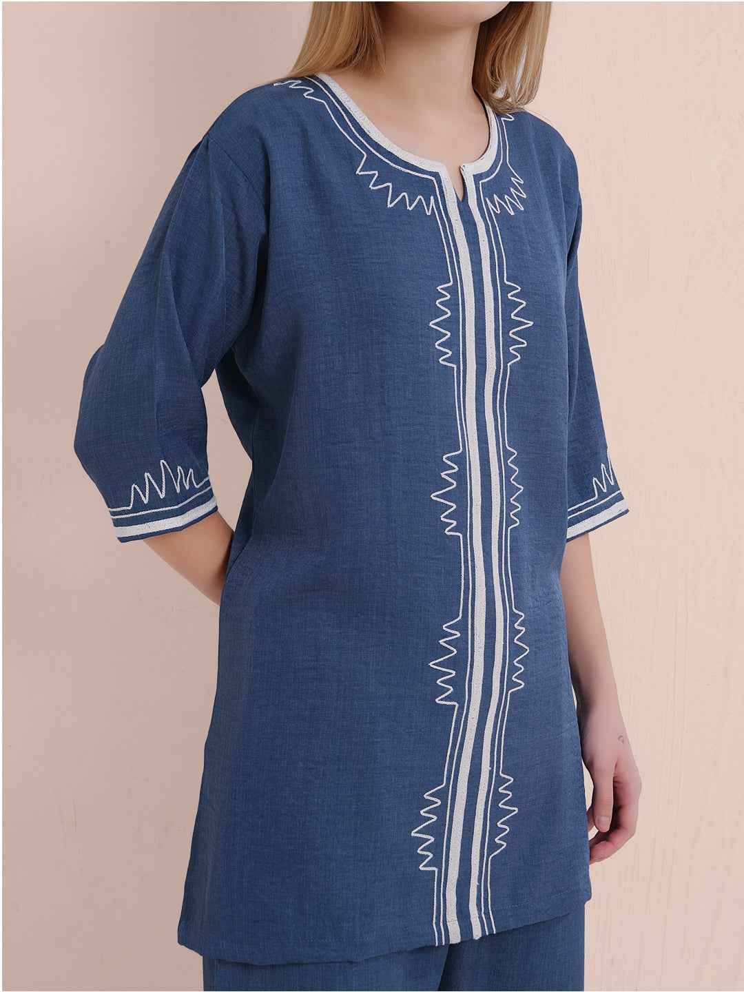 Linen Kurta Set – Navy Blue Embroidered Kurta with Straight Pants