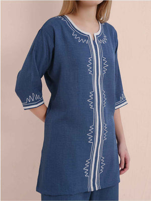 Linen Kurta Set – Navy Blue Embroidered Kurta with Straight Pants