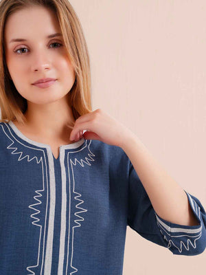 Linen Kurta Set – Navy Blue Embroidered Kurta with Straight Pants
