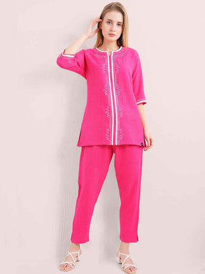 Linen Kurta Set – Pink Embroidered Kurta with Straight Pants