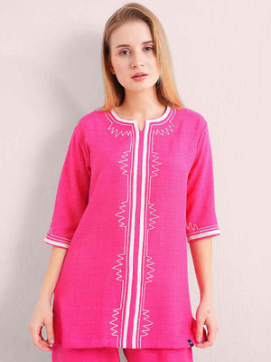 Linen Kurta Set – Pink Embroidered Kurta with Straight Pants
