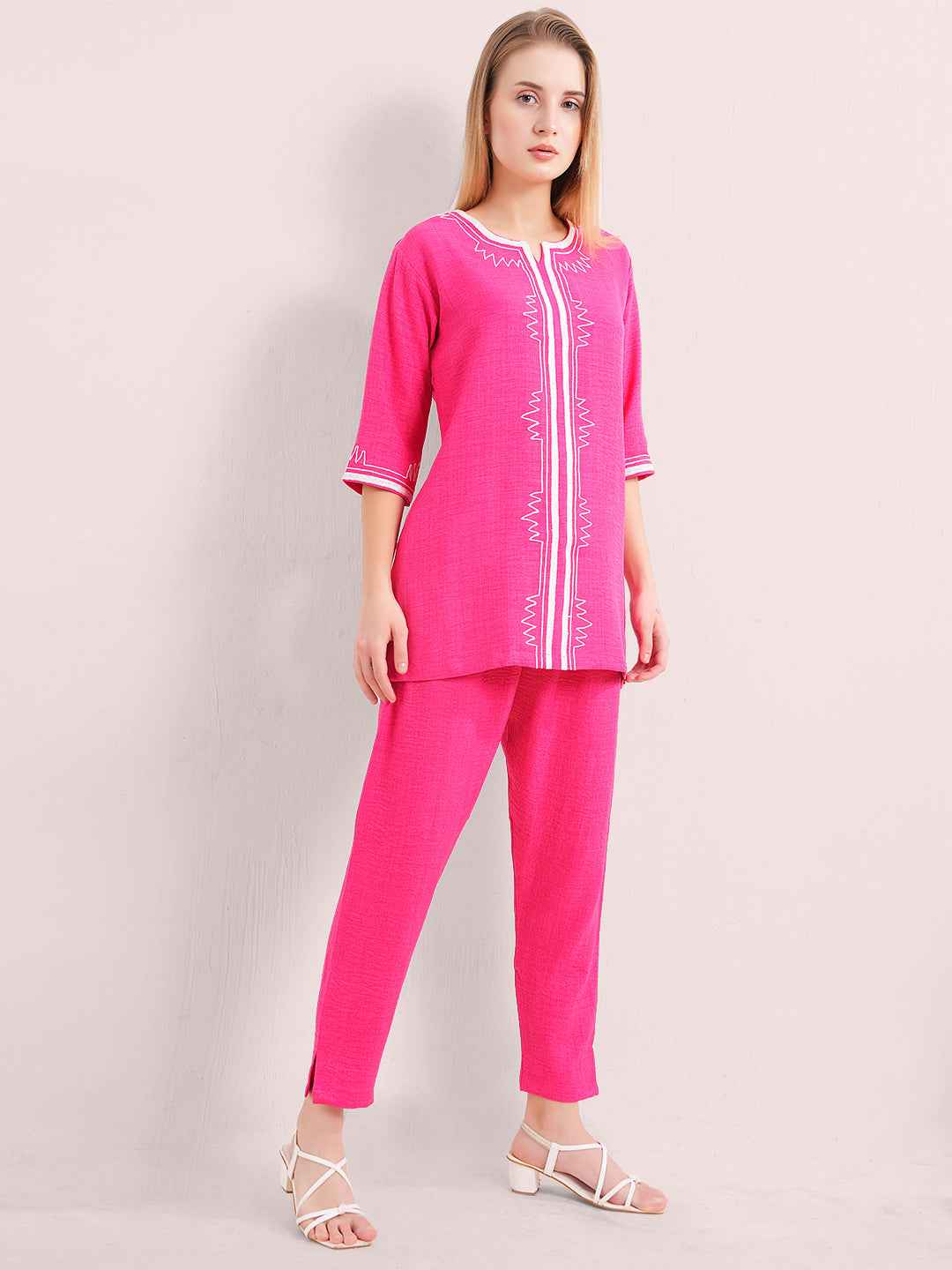Linen Kurta Set – Pink Embroidered Kurta with Straight Pants