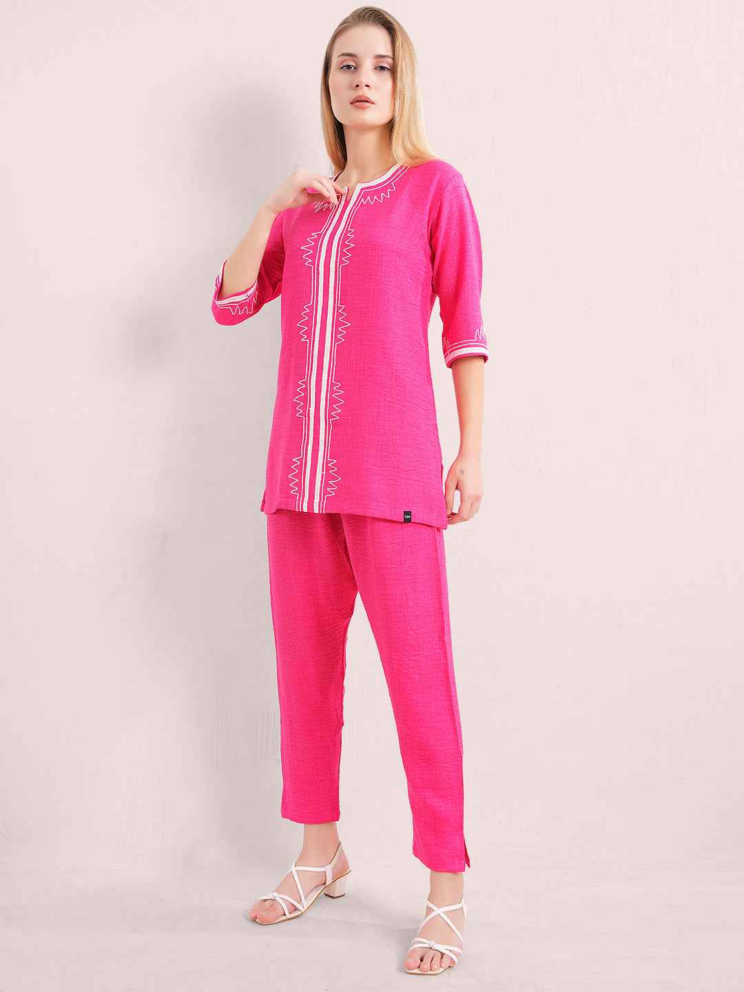 Linen Kurta Set – Pink Embroidered Kurta with Straight Pants