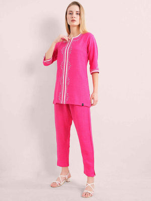 Linen Kurta Set – Pink Embroidered Kurta with Straight Pants