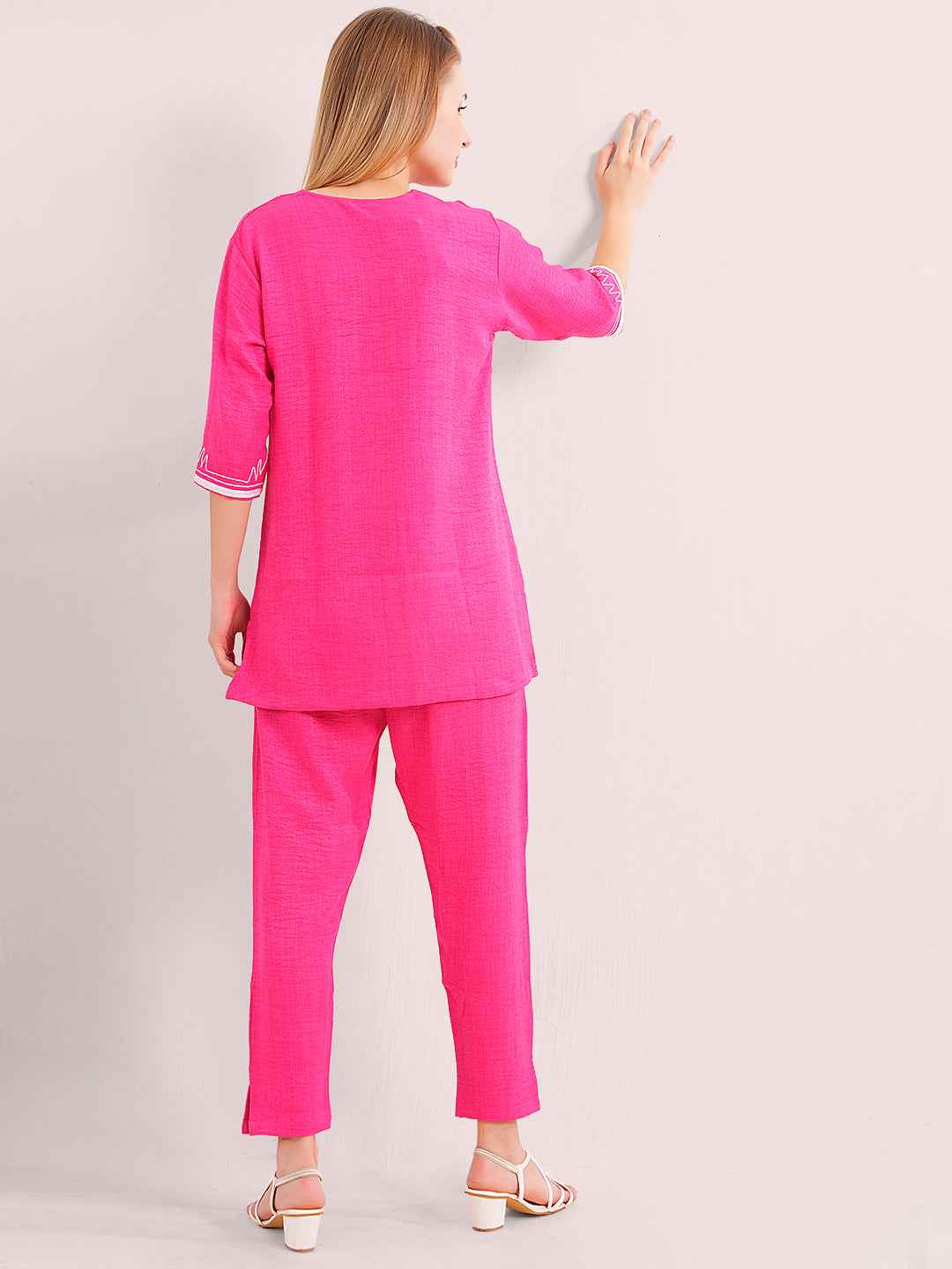 Linen Kurta Set – Pink Embroidered Kurta with Straight Pants