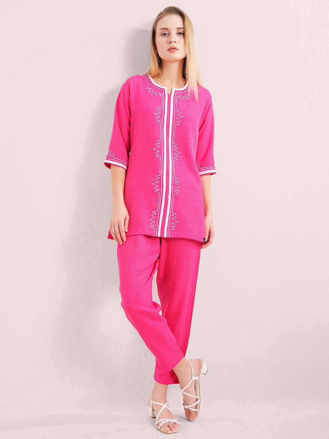Linen Kurta Set – Pink Embroidered Kurta with Straight Pants