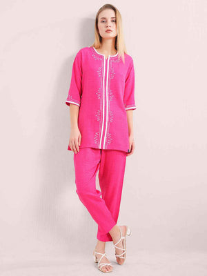 Linen Kurta Set – Pink Embroidered Kurta with Straight Pants
