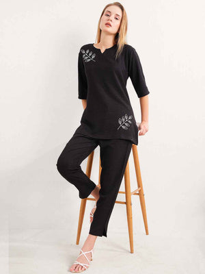 Linen Kurta Set – Black Embroidered Kurta with Straight Pants