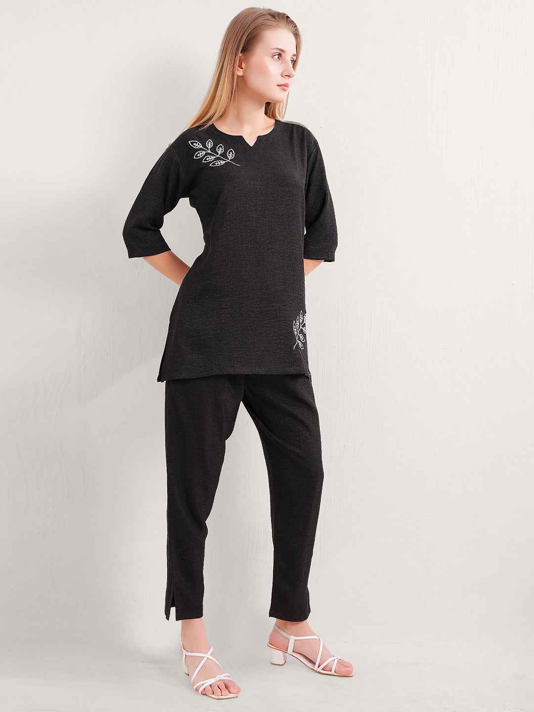 Linen Kurta Set – Black Embroidered Kurta with Straight Pants