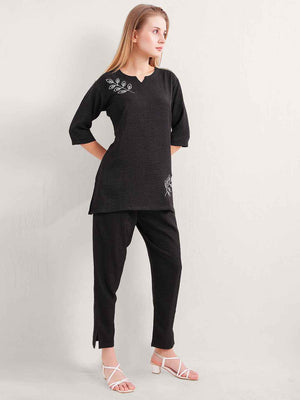 Linen Kurta Set – Black Embroidered Kurta with Straight Pants