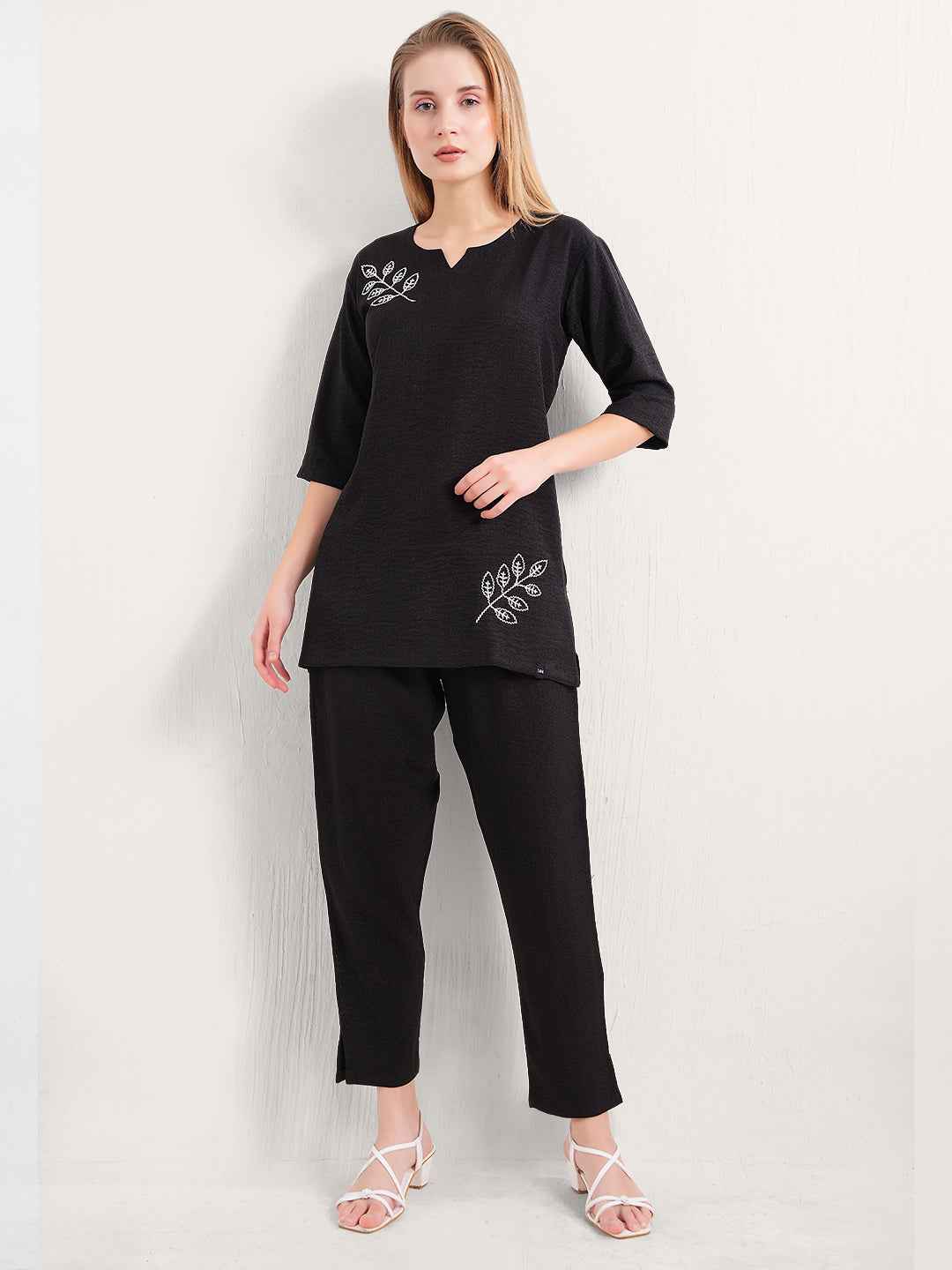Linen Kurta Set – Black Embroidered Kurta with Straight Pants