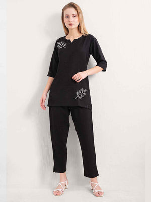 Linen Kurta Set – Black Embroidered Kurta with Straight Pants