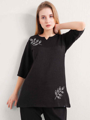 Linen Kurta Set – Black Embroidered Kurta with Straight Pants