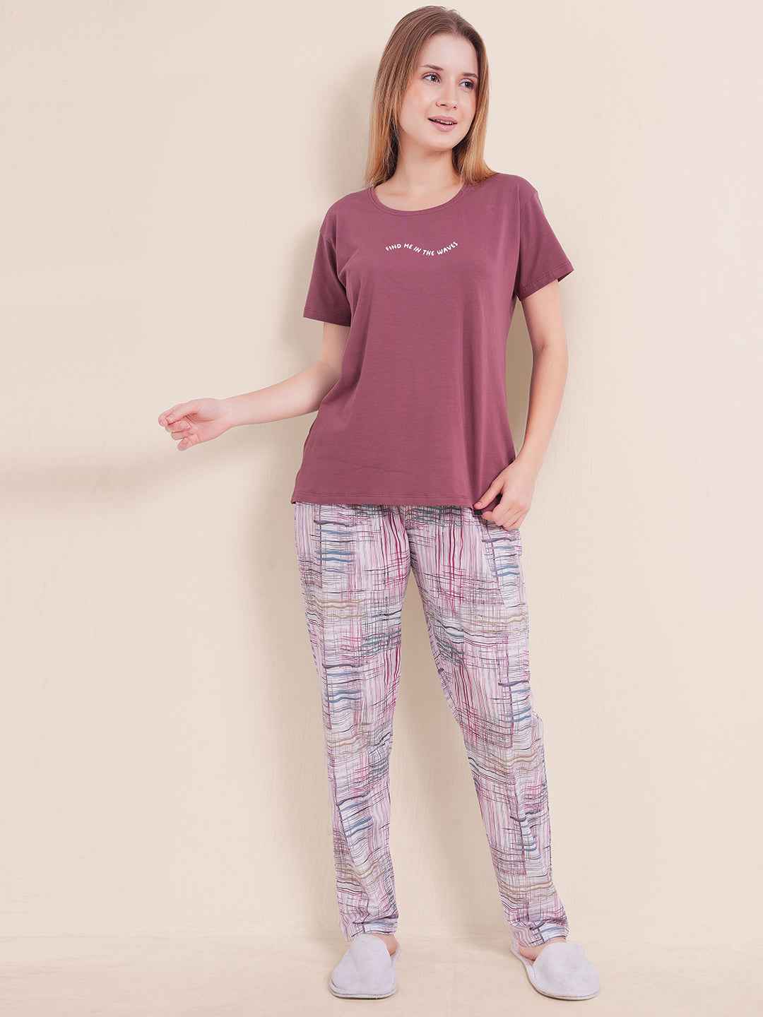 Cotton Night Suit-Purple Top with White Printed Pyjama