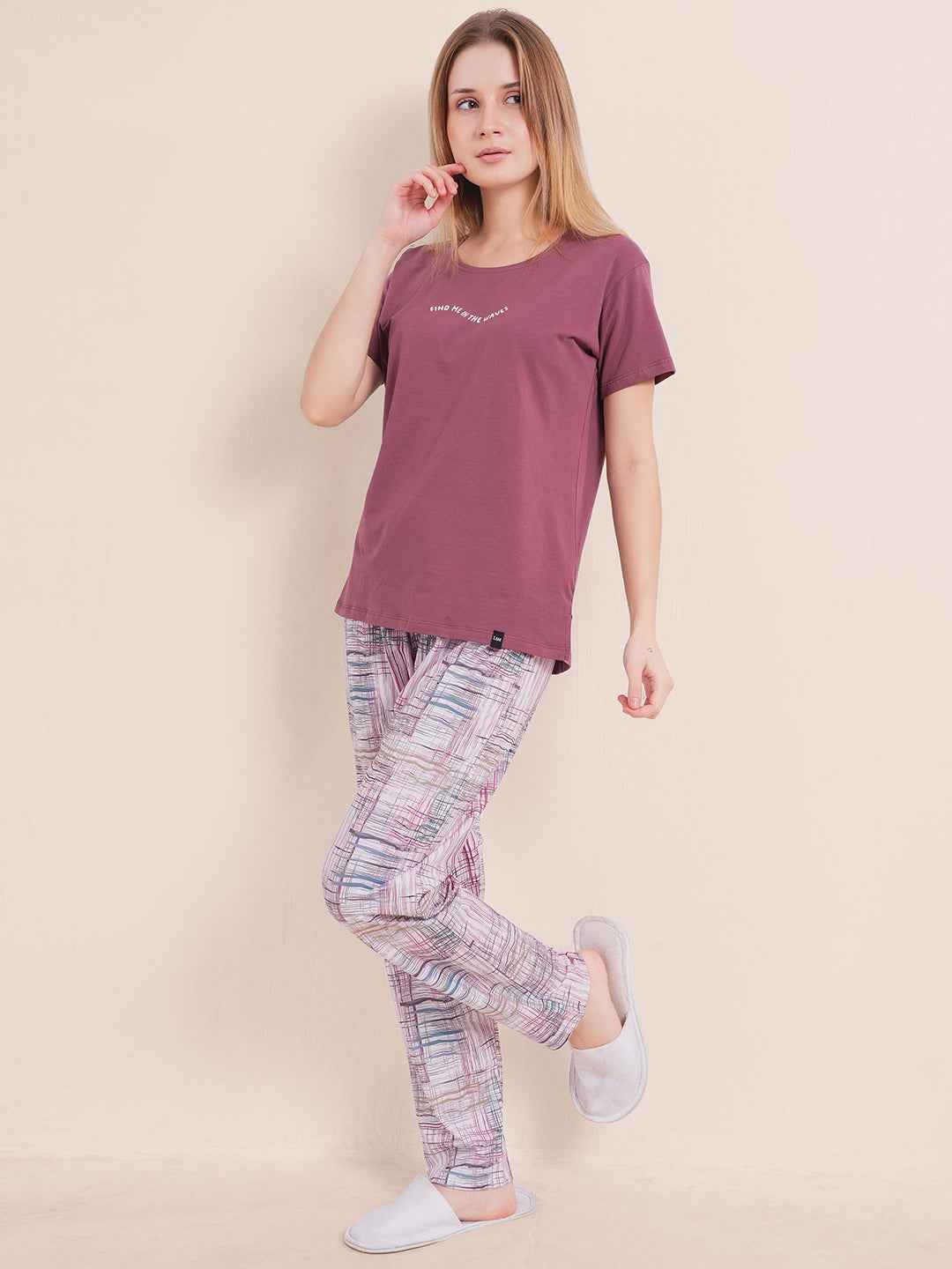 Cotton Night Suit-Purple Top with White Printed Pyjama
