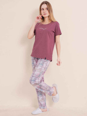 Cotton Night Suit-Purple Top with White Printed Pyjama