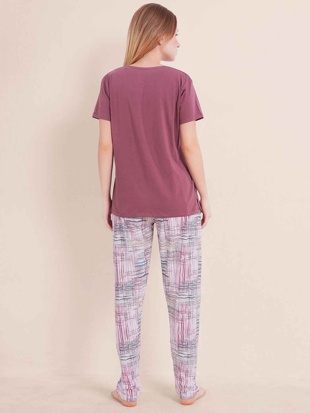 Cotton Night Suit-Purple Top with White Printed Pyjama