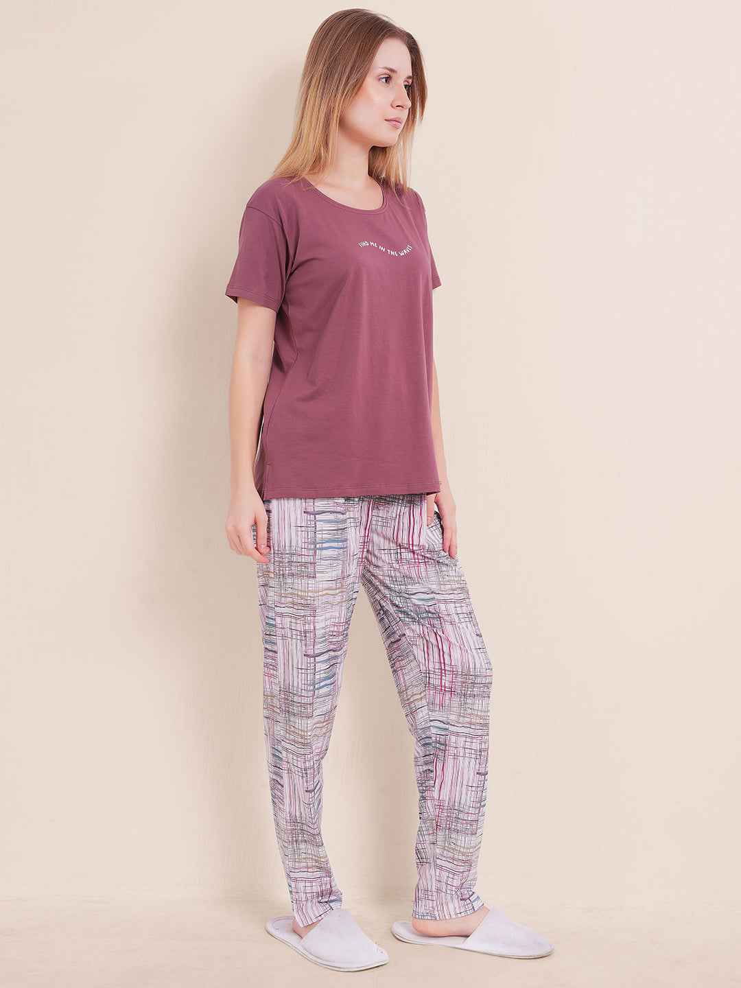 Cotton Night Suit-Purple Top with White Printed Pyjama