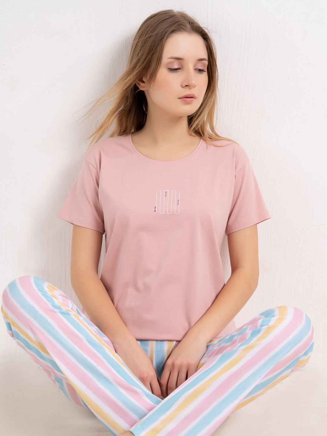 Cotton Night Suit-Pink Top with Multicolor Striped Pyjama