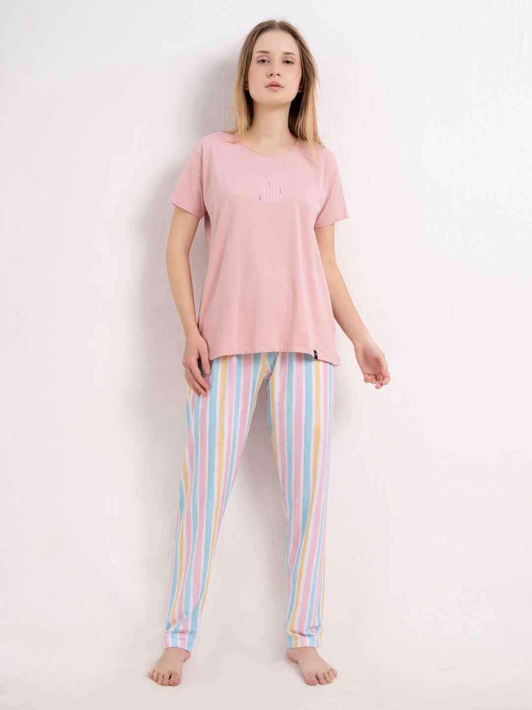 Cotton Night Suit-Pink Top with Multicolor Striped Pyjama