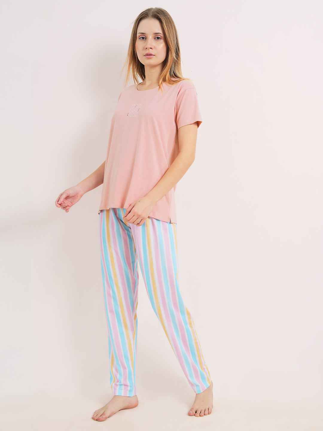Cotton Night Suit-Pink Top with Multicolor Striped Pyjama