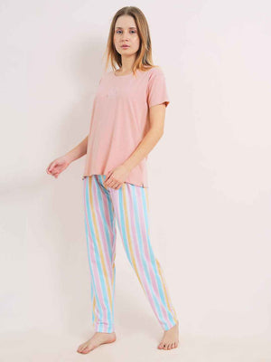 Cotton Night Suit-Pink Top with Multicolor Striped Pyjama