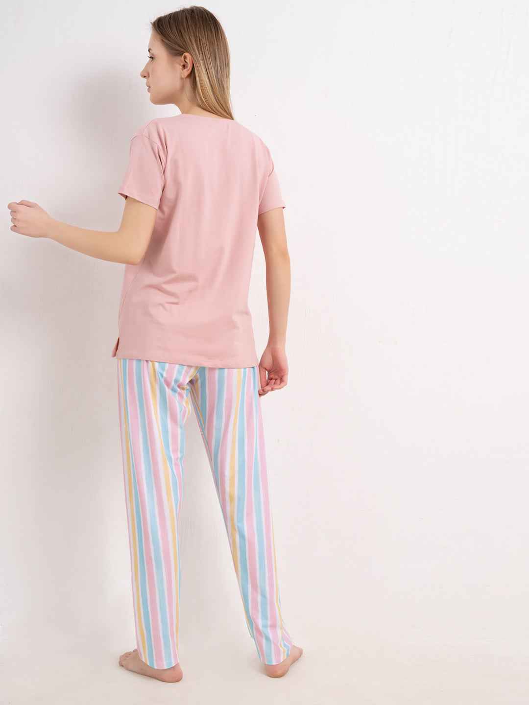 Cotton Night Suit-Pink Top with Multicolor Striped Pyjama