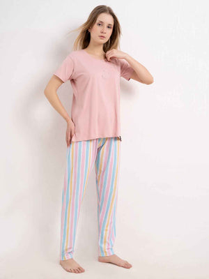 Cotton Night Suit-Pink Top with Multicolor Striped Pyjama