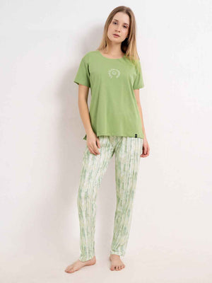 Cotton Night Suit-Green Top with White Printed Pyjama