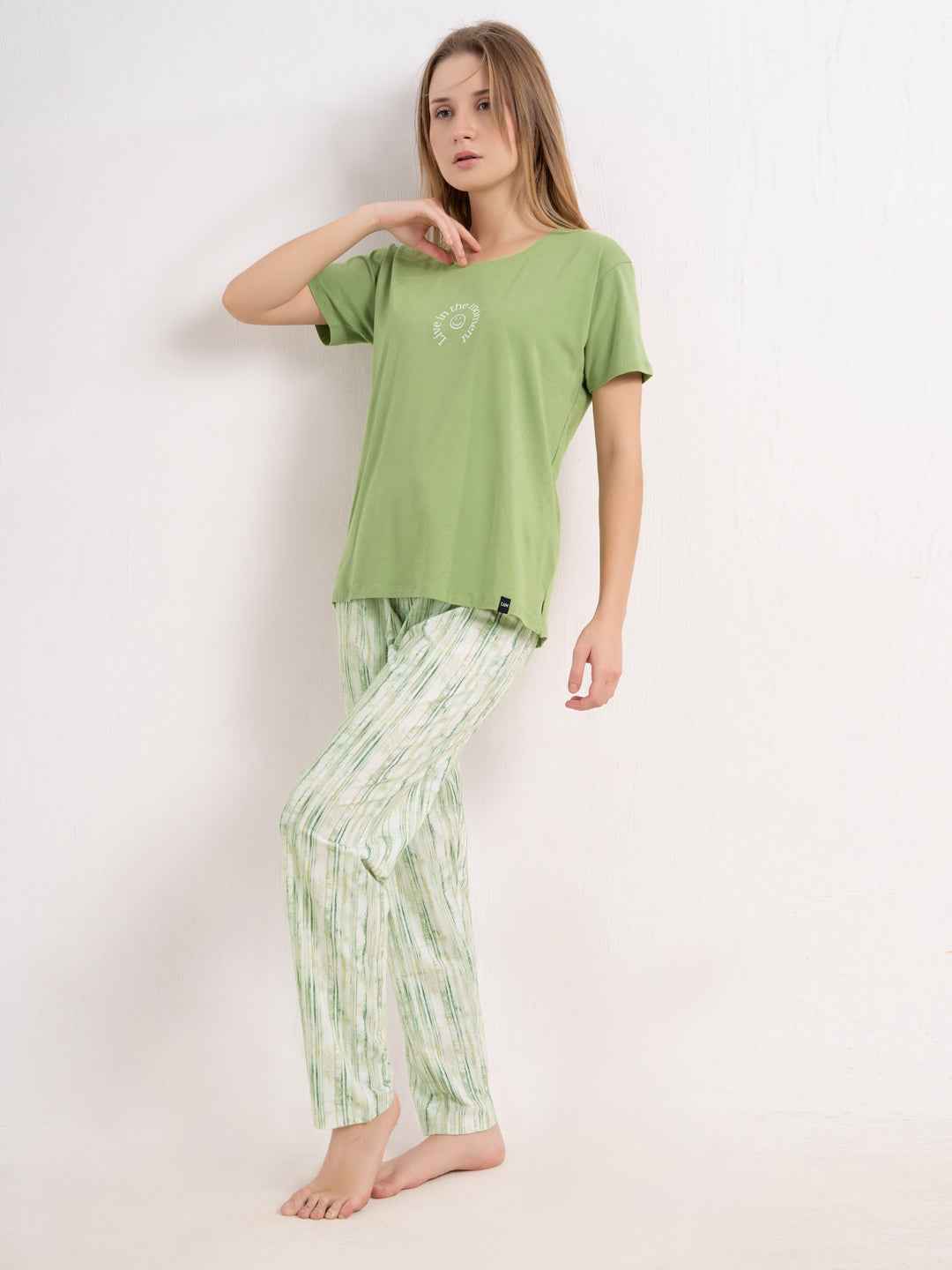 Cotton Night Suit-Green Top with White Printed Pyjama