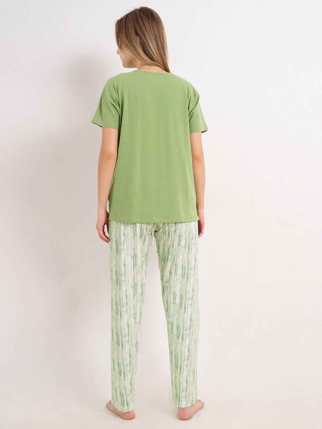 Cotton Night Suit-Green Top with White Printed Pyjama