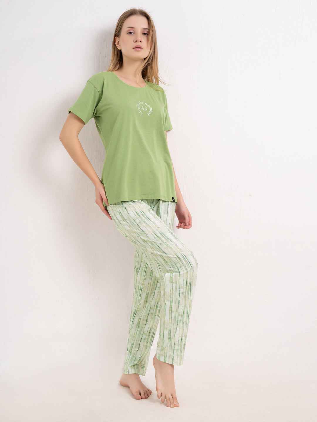 Cotton Night Suit-Green Top with White Printed Pyjama
