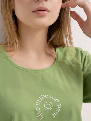 Cotton Night Suit-Green Top with White Printed Pyjama