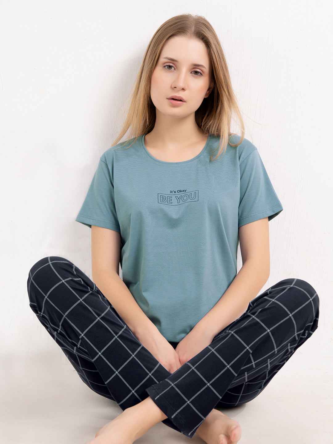 Cotton Night Suit-Blue Top with Navy Checked Pyjama