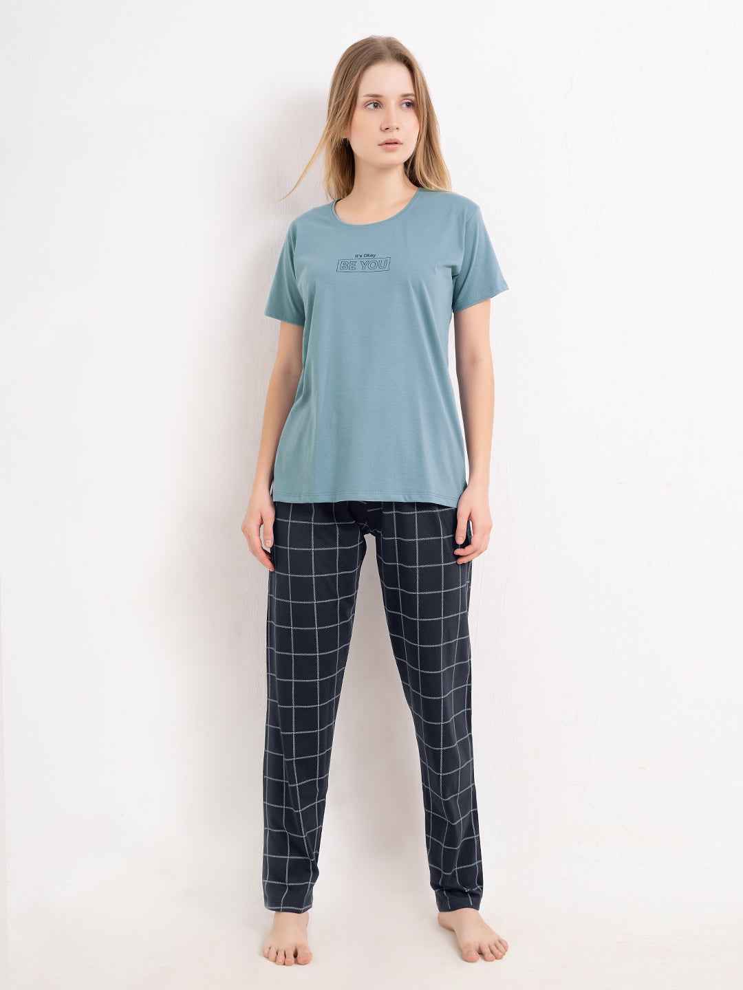 Cotton Night Suit-Blue Top with Navy Checked Pyjama