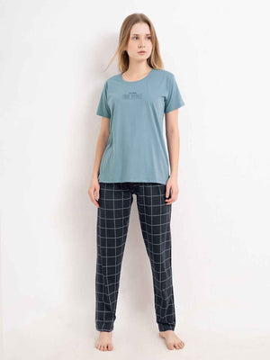Cotton Night Suit-Blue Top with Navy Checked Pyjama