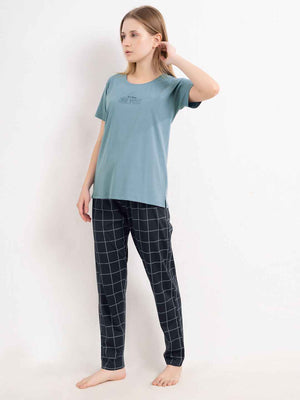 Cotton Night Suit-Blue Top with Navy Checked Pyjama