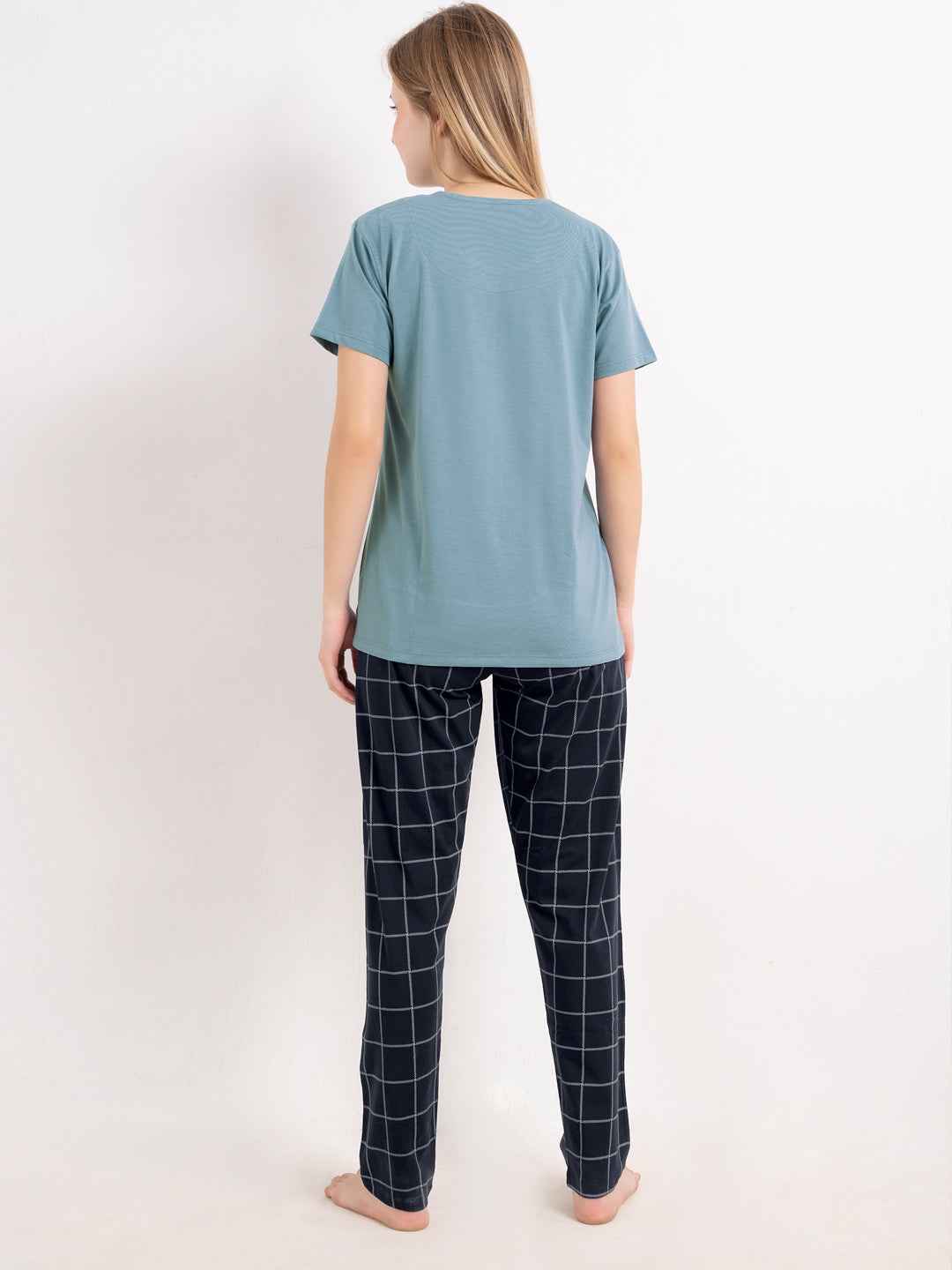 Cotton Night Suit-Blue Top with Navy Checked Pyjama