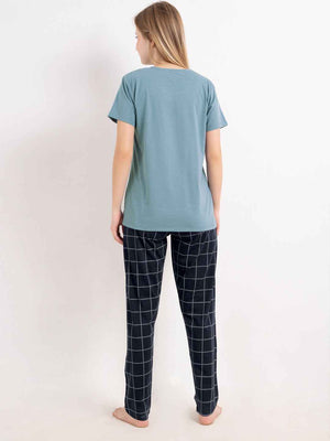 Cotton Night Suit-Blue Top with Navy Checked Pyjama