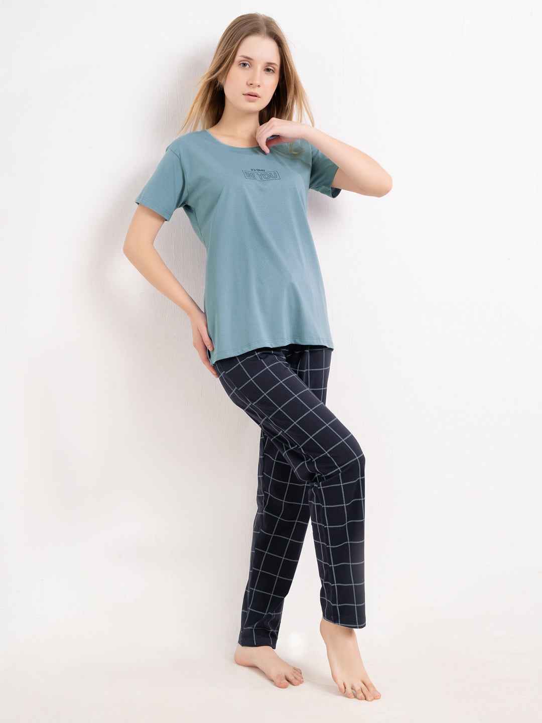 Cotton Night Suit-Blue Top with Navy Checked Pyjama