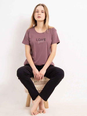Cotton Night Suit-Maroon Top with Black Striped Pyjama