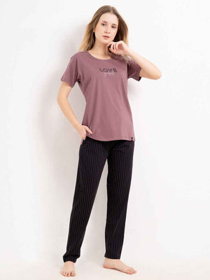 Cotton Night Suit-Maroon Top with Black Striped Pyjama